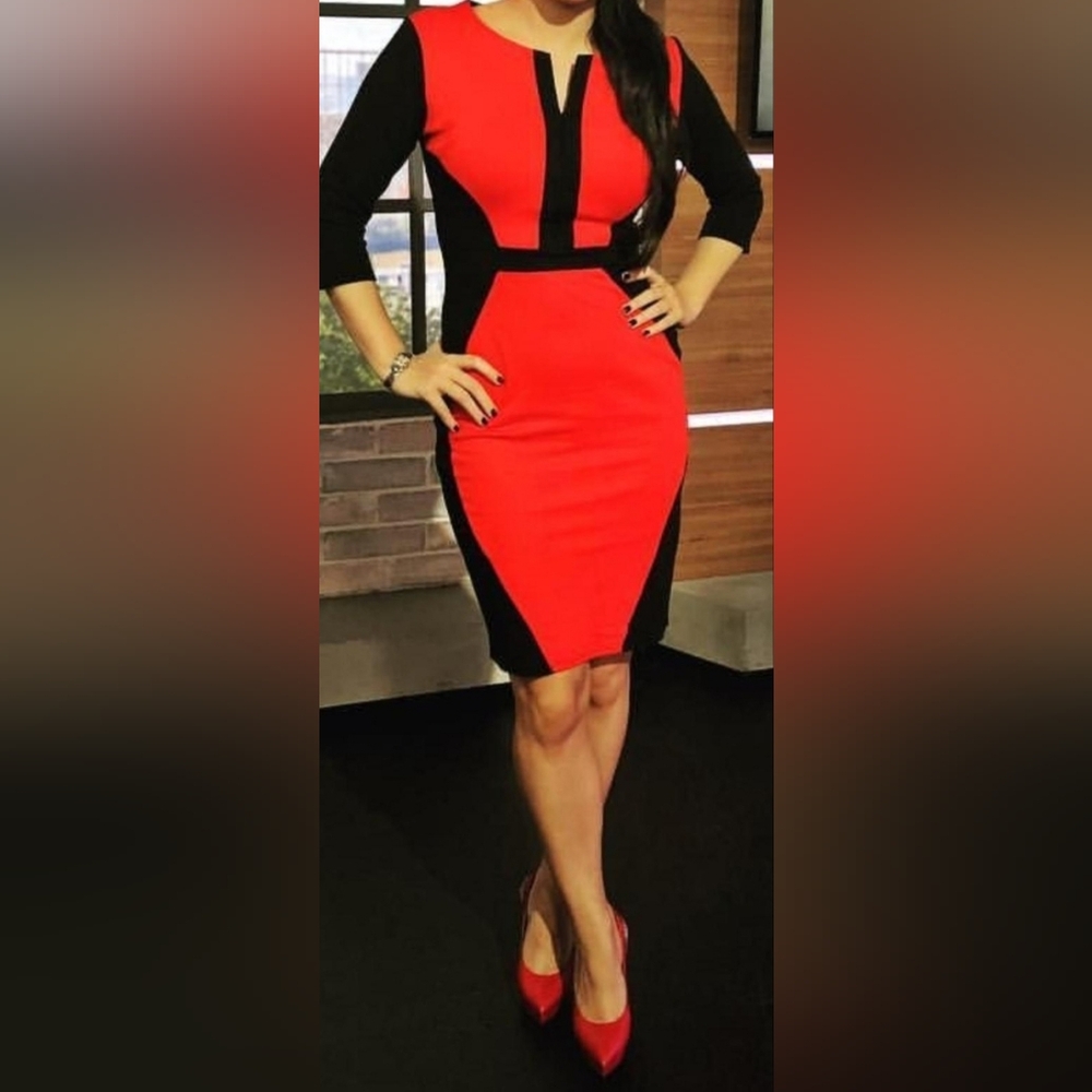 HOMEYEE Orange/Black Colorblock 3/4 sleeve V-Neck Sz 18